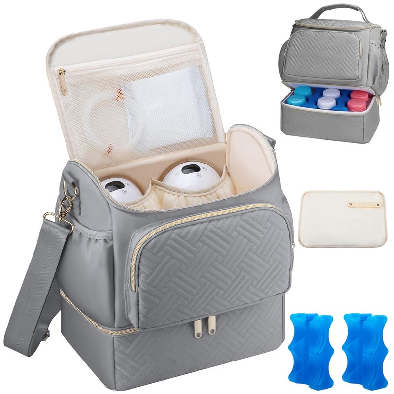 GDNasist Wearable Breast Pump Bag with Cooler Compartment Compatible with Willow/Elvie/Medela/Momcozy M5/S12 Pro, Breast Milk Cooler Travel Bag with Ice Pack & Mat, Pumping Bags for Work, Grey - Image 1